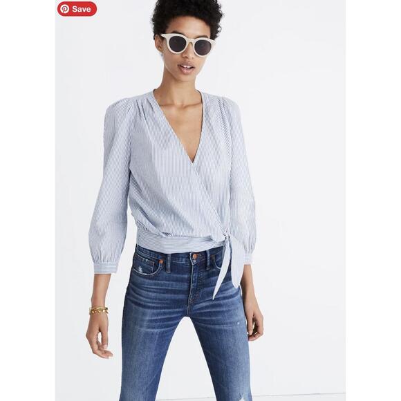 Madewell Tops - Madewell Blue White Striped 3/4‎ Sleeve Tie Waist Wrap Surplice Blouse Size XS